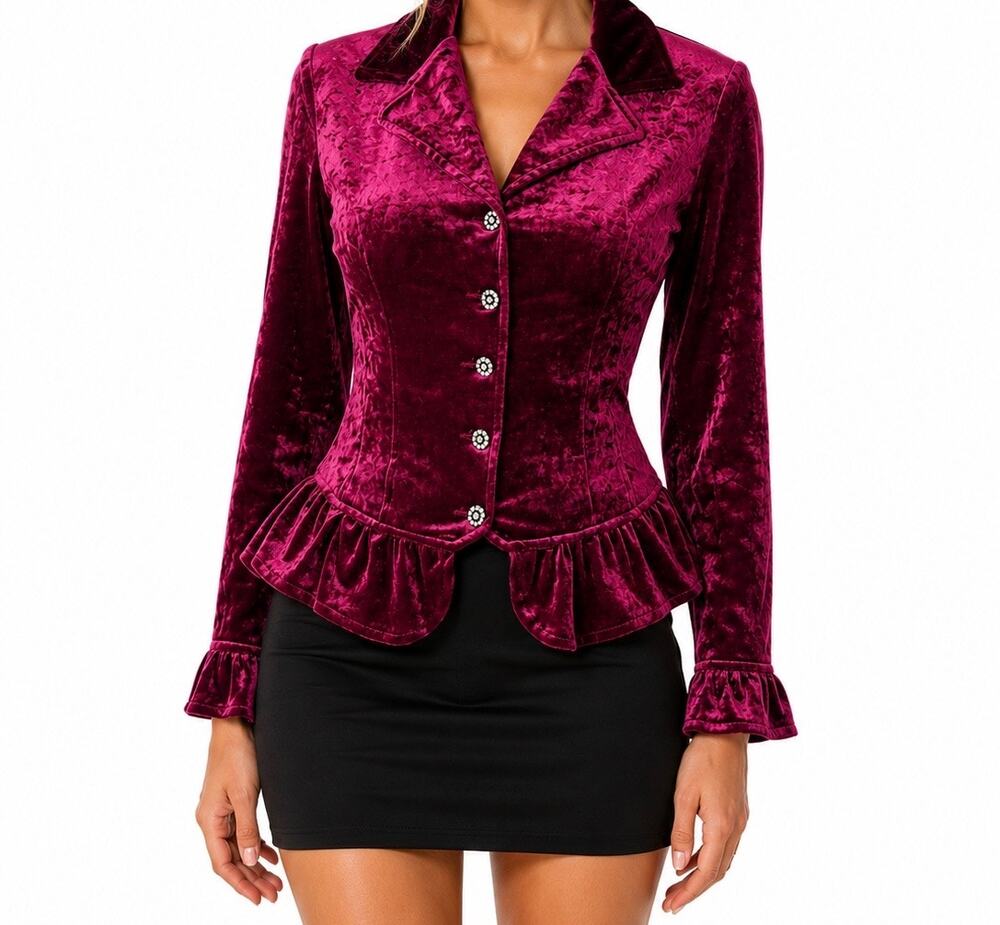Vintage ‘90s Amy Byer Magenta Velvet Peplum Rhinestone Button Long Sleeve Blouse